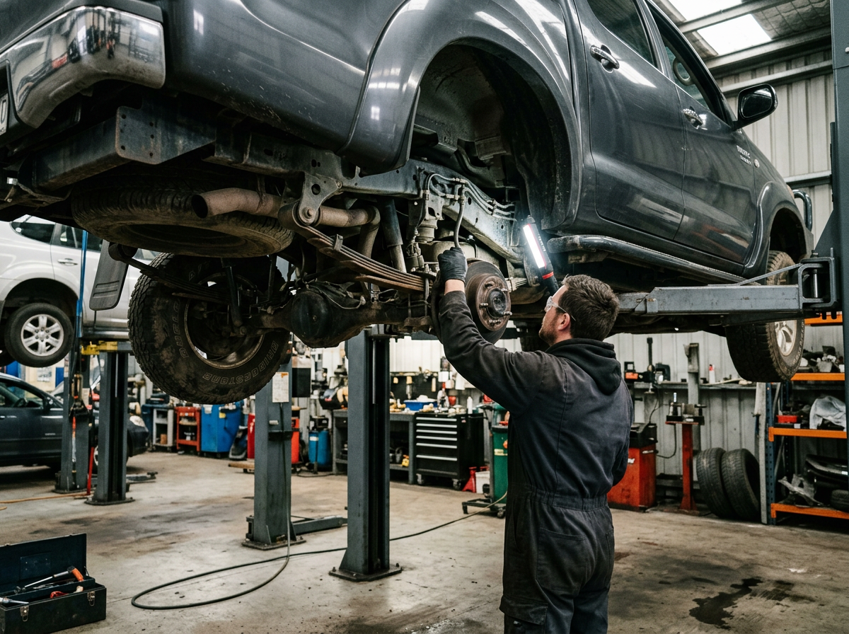4WD ute raised on a workshop hoist for suspension and underbody inspection