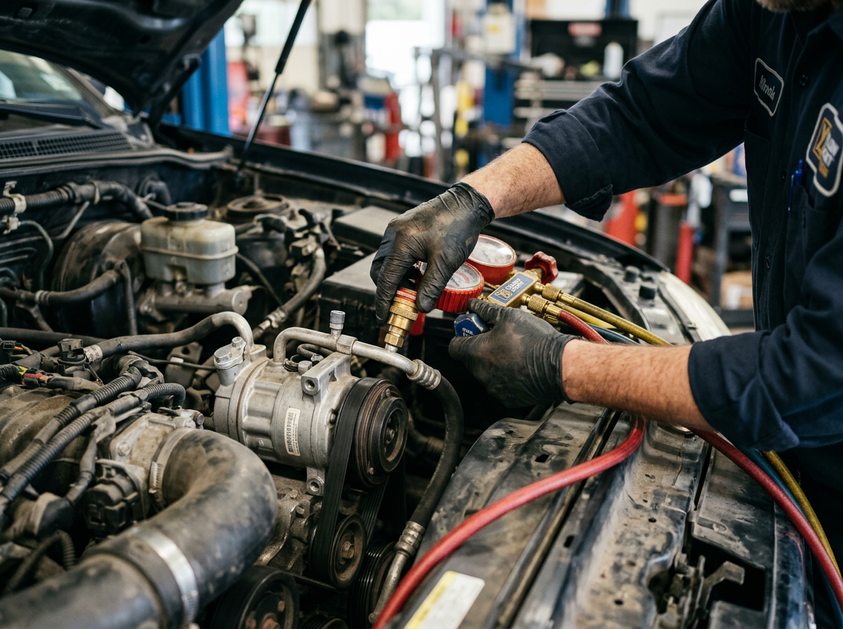 Technician connecting an air conditioning gauge manifold to a car for a regas