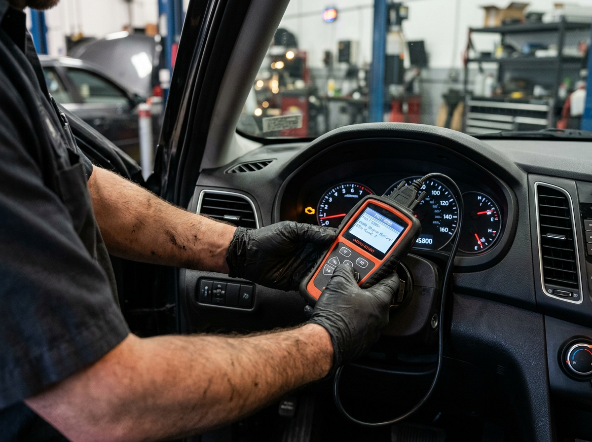 Mechanic using an OBD-II diagnostic scanner on a car dashboard